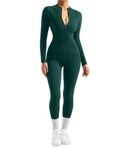 lot 8356 image: SUUKSESS Women Long Sleeve Ribbed Jumpsuit Sexy Zip up Front Workout One Piece Bodycon Jumpsuit Romper (Dark Green, S)