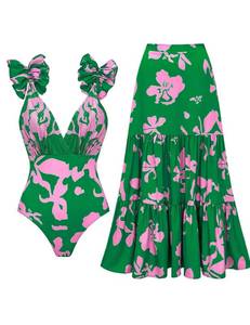 lot 8357 image: FLAXMAKER Blue and White Shoulder Ruffles Strip Plant Prints One Piece Swimsuit and SkirtSarong (Green,M)