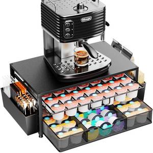 lot 8365 image: K Cup Holder Organizer, 2-Tier Coffee Pod Holder for 63 Large80 Small Capsules with Storage Drawer & 2 Accessory Holders, Kcup Organizer for Countertop Coffee Station in Kitchen, Office, Coffee Bar