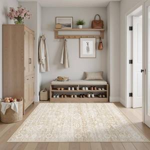 lot 8372 image: Soalmost Area Rugs 4x6 for Living Room, Neutral Washable Rugs for Dining Room, Entryway, Kitchen, Floral Vintage Non-Slip Area Rug Farmhouse 4x6 Beige