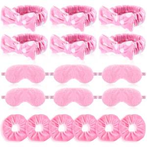 lot 8374 image: Maiteenly 18 Pcs Sleepover Party Supplies Include 6 Bow Spa Headbands, 6 Eye Mask and 6 Velvet Scrunchies Pink Party Favors for Women Makeup Gift Bachelorette Slumber Wedding
