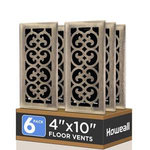 lot 8391 image: Howeall 4x10 Inches 6 Pack Heavy Duty Walkable Floor Register - Easy Adjust Air Supply Lever Decorative Floor Vent Covers, Charlotte Design Vent Covers for Home - Antique Brass
