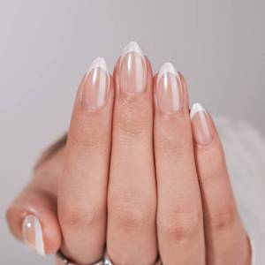lot 8421 image: French Tip Press On Nails - BTArtbox White Almond Medium Reusable Stick On Nails in 15 Sizes - 30 Soft Gel Fake Nail Kit for Women Gift, Classic
