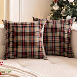 lot 8464 image: Woaboy Christmas Set of 2 Scottish Tartan Throw Pillow Covers Farmhouse Classic Plaid Decorative Couch Pillows Home Decor for Sofa Living Room Bed 18x18 Inch, Khaki