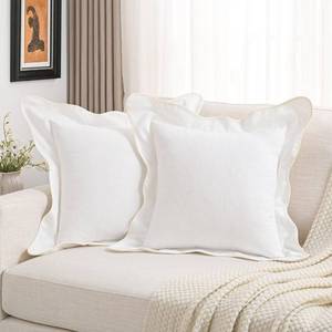 lot 8467 image: FUTEI White Decorative Throw Pillow Covers 18x18 Inch Set of 2,Double Stitch Scalloped Bordered Soft Chenille Cushion Cases,Modern Home Decor for Couch Bed Living Room