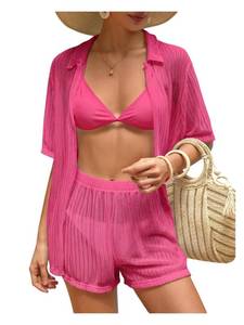 lot 8473 image: Milumia Womens 2 Piece Cover Ups Set Short Sleeve Open Front Hollow Out Swimsuit Coverup with Shorts Pink Medium