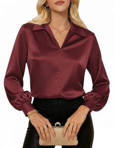 lot 8491 image: GRACE KARIN Business Casual Tops for Women Satin Silk Blouse Collared V Neck Long Sleeve Work Shirt Dressy Top Wine Red XL