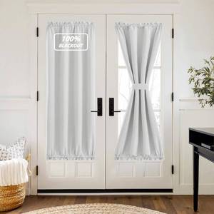 lot 8492 image: NICETOWN 100% Linen Blackout Door Curtain for Patio Glass Window, Solid Energy Efficient Rod Pocket for French Front Back Door Panel with Tieback, 36 x 72 inches, Cloud White, 1 Piece