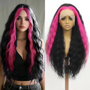 lot 8502 image: GIANNAY Pink Highlights Deep Wave 250% Density 13x4 HD Lace Front Wigs Pre-Plucked Hairline Synthetic Heat Resistant Fiber Hair Wigs With Baby Hair Black with Pink Deep Curly Wigs For Women 26 Inch