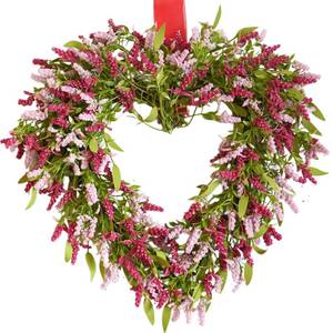 lot 8504 image: idyllic 18 Inch Spring Pink Tassel Heart Wreath, Artificial Pink Spikes & Green Leaf Decor for Front Door Indoor Mantel Table Valentine Wedding Anniversary Dinner Gift