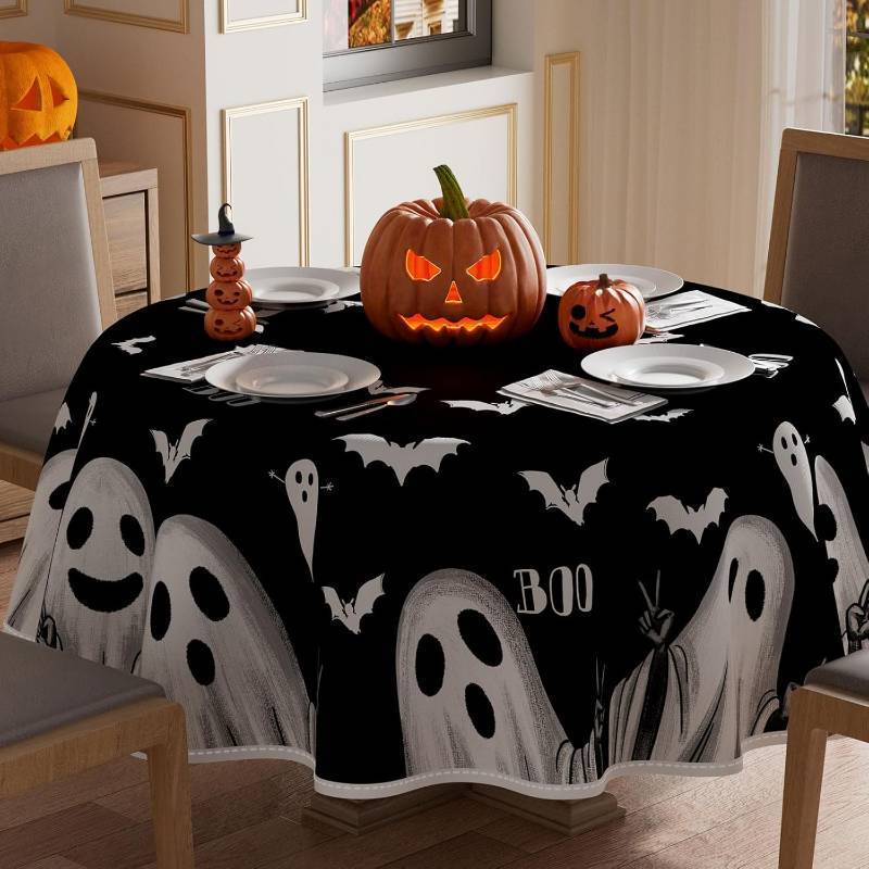 lot 56856 image: XCHI Spooky Black Ghost Halloween Tablecloth Round Washable Table Covers for Indoor Outdoor Dining Home Party Decorations Table Cloth 60x60 Inch