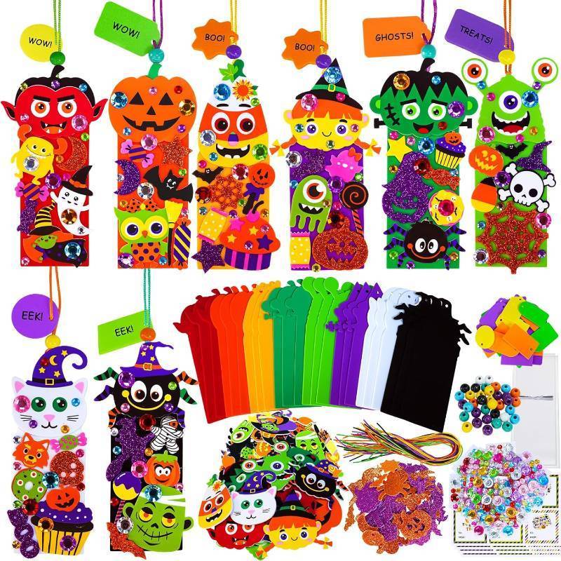 lot 56868 image: Winlyn 24 Sets Halloween Craft Kits Fall Crafts DIY Monster Spider Jack-O-Lantern Bookmark Ornaments Art Sets Foam Stickers Arts and Crafts for Kids Classroom Activities Party Favors Trick-or-Treaters