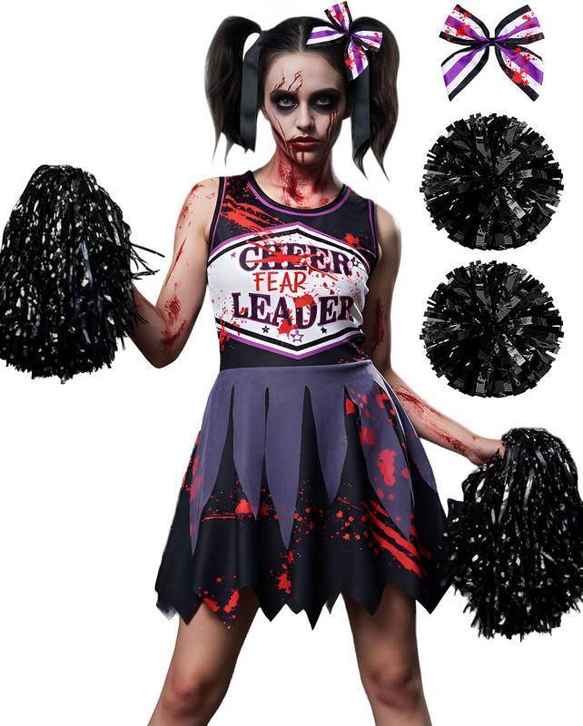 lot 56977 image: JenPen Scary Halloween Cheerleader Outfit for Bloody Cheerleader Costume Bow Purple Black Dress up Cosplay Party(3-5 Years)