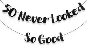 lot 64624 image: SuPoo 50 Never Looked So Good 50th Birthday Banner Glitter Happy 50th Birthday Decorations for Women Men Funny Paper Sign Gift Pre-Strung Black