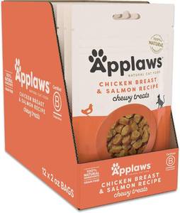 lot 64664 image: Applaws Natural Chewy Cat Treats, Grain-Free, High Protein, Limited Ingredients, No Artificial Additives or Fillers, Healthy & Nutritious Snack for Cats, Chicken & Salmon (12 x 2.0oz Bags)