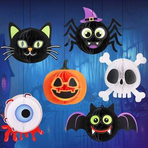 lot 64715 image: BEISHIDA 6 Pcs Halloween Hanging Orngments Honeycomb Ghost Bats Pumkpink Table Decor 3D Tissue Centerpieces Whith Strings for Halloween Classroom Birthday Party Supplies
