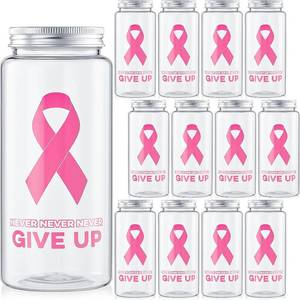 lot 64849 image: LemonRoad 12 Pcs Breast Cancer Awareness Plastic Bottles with Lids 13.5 oz Transparent Plastic Juice Bottles with Silver Caps Pink Ribbon Reusable Beverage Containers Gift for Women Party Supplies