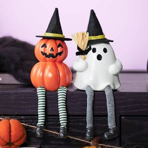 lot 64850 image: WDS WONDROUS Halloween Decoration-2 Pack Ghost Figurine & Pumpkin Statues for Indoor Mantle Shelf Sitters Table Decor, Cute Resin Pumpkin Ghost Sculpture with Hats, Legs and Broom, Spooky Gift