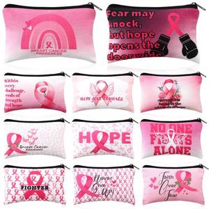 lot 64859 image: 22 Pcs Breast Cancer Awareness Makeup Bag Bulk Pink Ribbon Canvas Cosmetic Bag Portable Toiletry Organizer with Zipper Breast Cancer Survivor Gift for Women Charity Public Event, 11 Style
