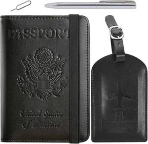 lot 64925 image: Passport Holder With Luggage Tag Travel Essentials Passport Cover Wallet RFID Blocking Leather Case International Must Haves Travel Accessories Women Men(115#Black)