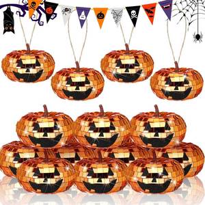 lot 64943 image: 12 Pcs Halloween Disco Pumpkin Ornament Glitter Hanging Jack O Lantern Pumpkin Ornament Artificial Fall Mini Mirror Disco Ball Decoration for Table Trick or Treat Party Supplies (Orange)