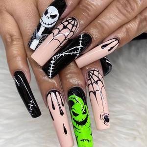 lot 64968 image: Halloween Press on Nails Long Coffin Spider Web Full Cover Fake Nails Nightmare Before Christmas Press on Nails Black Blood Stick on Nails Acrylic Nail for Women Men Girls