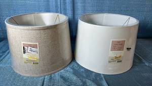 lot 2053 image: Threshold Large Lamp Shades. Includes 1 White Shade and 1 Linen Shade. Top Diameter 13 Bottom Diameter 15.