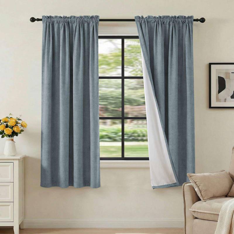 lot 32871 image: H.VERSAILTEX Linen Look 100% Blackout Curtains 63 Inches Long for Bedroom Rod Pocket 42 Inches Wide Linen Textured Thick Window Curtain Drapes with White Backing, Stone Blue, 2 Panels - Retail $34