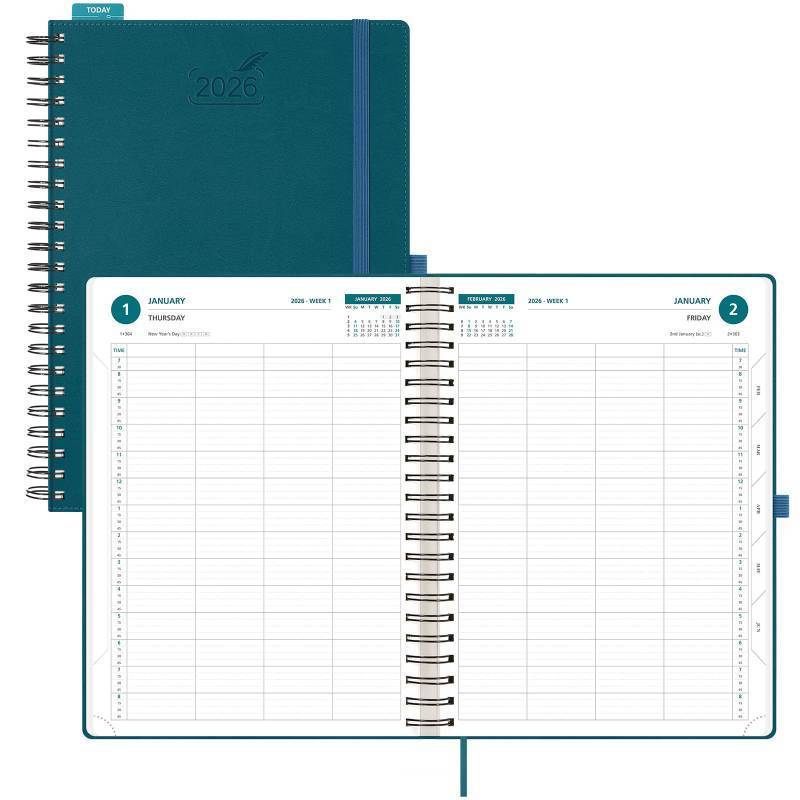 lot 40964 image: BEZEND Daily Appointment Book 2026 Page per Day Even Weekends (Large-8.25 x 11.75) 15-Minute Timeslots in 4 Columns, Monthly Planner with Tabs & Week Schedule, PU Leather Softcover in Dark Green - Retail $30