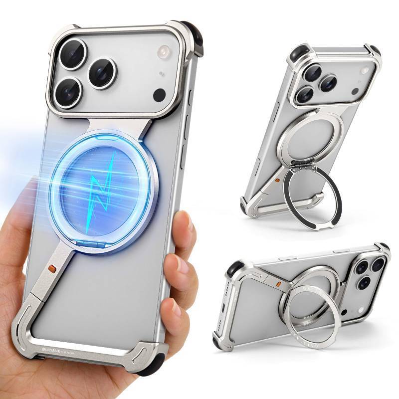 lot 41036 image: OGRANEE Z Metal Case for iPhone 17 Pro Frameless, Aluminum Alloy Bumper Compatible with Magsafe Kickstand Minimalist Shockproof Cool Cover Hard Shell with 360°Ring Holder Magnetic Stand, Natural - Retail $40