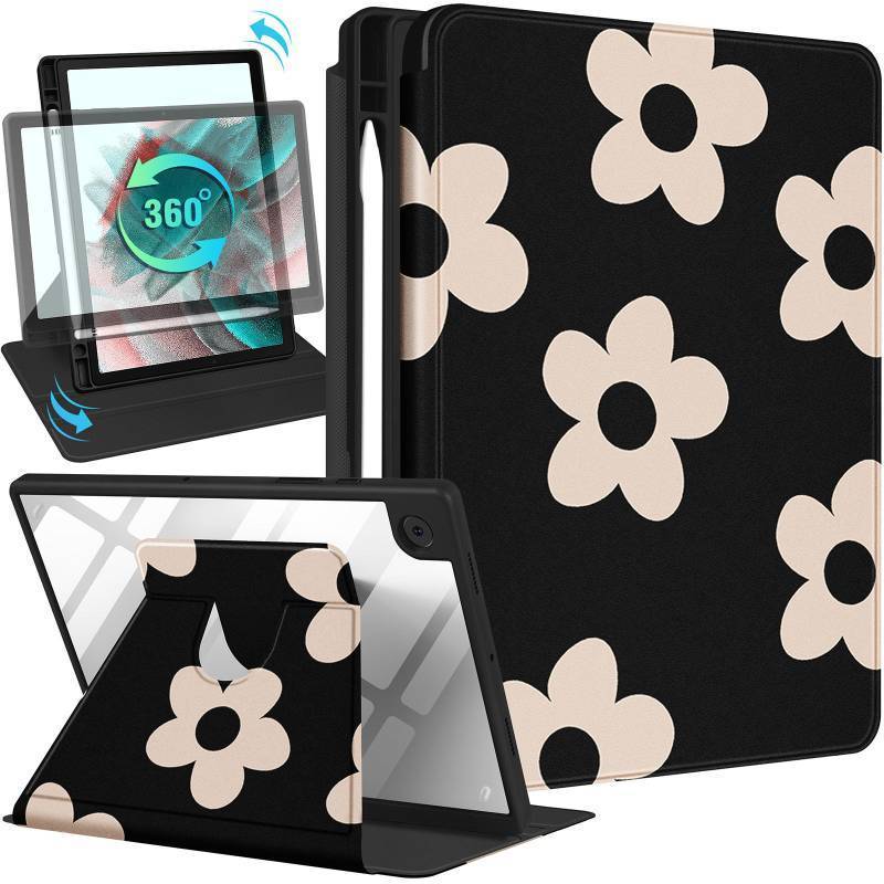 lot 41056 image: Wazzasoft for Samsung Galaxy Tab A8 Case 10.5 Inch Folio Cover with Pencil Holder Women Girls Cute Girly Teens Kawaii Black Flower Unique Design Rotating for Samsung A8 Tab Cases SM-X200X205X207 - Retail $22