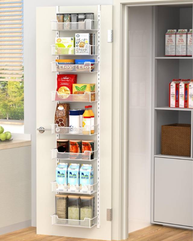 lot 49889 image: VyGrow 12.3 W Narrow Over the Door Pantry Organizer, 8-Tier Over the Door Organizer with Adjustable Basket, Pantry Door Organization for Pantry Kitchen Storage Room Spice Rack, White - Retail $45