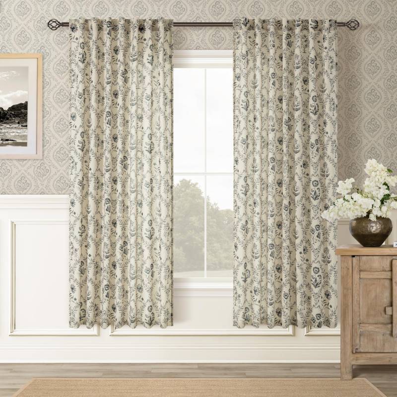 lot 49915 image: Greenish Charcoal Floral Linen Curtains 72 Inch Length 2 Panels Patterned Semi Sheer Curtains Living Room Bedroom Back Tab Rod Pocket Farmhouse Boho Cottage Core Cabin Window Drapes 72 Inches Long - Retail $38