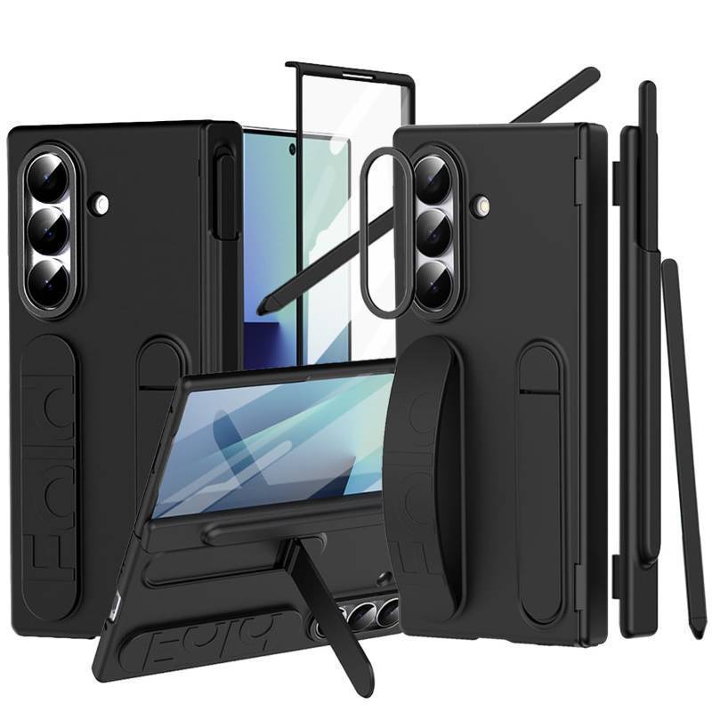 lot 49935 image: YQODSZ Finger Strap for Samsung Galaxy Z Fold 7 Case with S Pen Holder & Stylus, Two Hinge Cover Built inScreen Protector Kickstand Wristband Full Coverage Slim Protective Case for Z Fold 7 Black - Retail $36