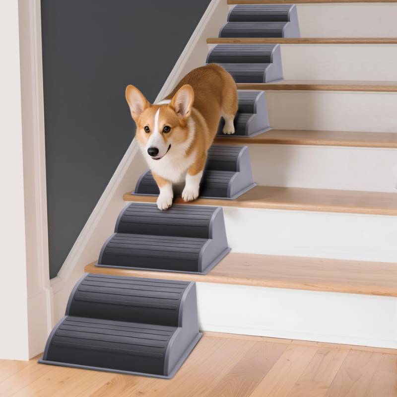 lot 49939 image: CiWiVOKi 2-Step Modular Dog Ramp - Portable Non-Slip Stairs for Small Dogs with High Support, 9.5 D Lightweight Plastic Pet Steps Fits Staircase Indoor, Ideal for Elderly Injured Pets (4-Pack, Grey) - Retail $66