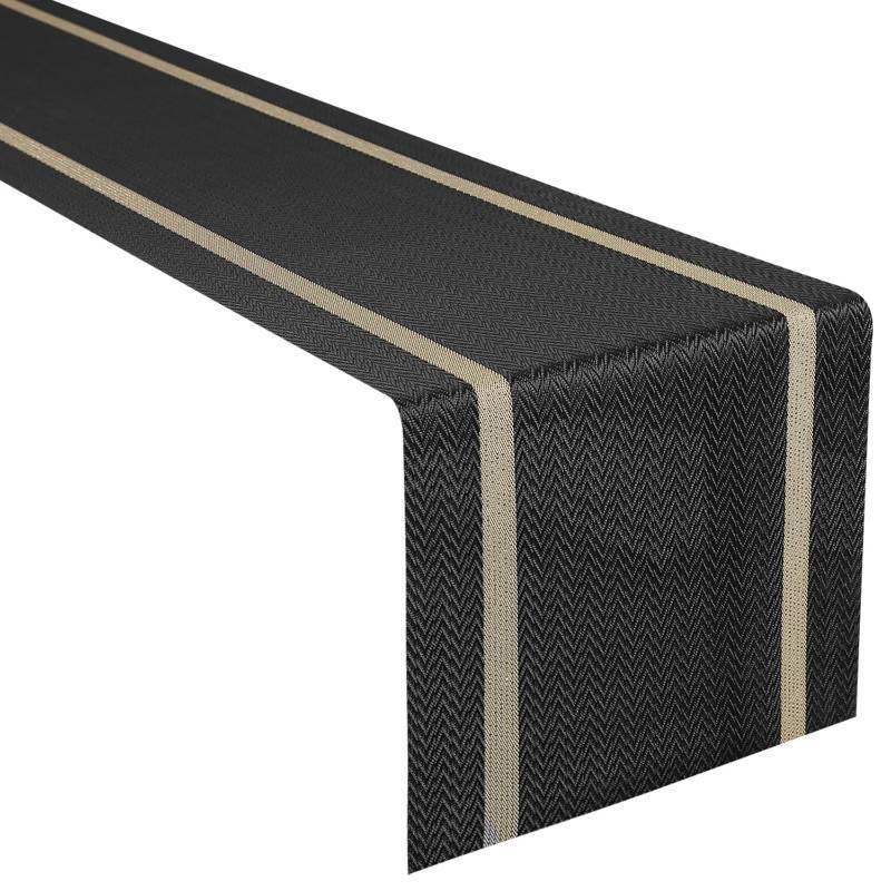 lot 50451 image: FAVE Woven Vinyl Table Runner Black Table Runner Woven with Golden Threads 120x12 Inches Heat Resistant Dining Table Mats for Wedding, Banquet, Birthday, Party, Restaurant(Black, 12x120) - Retail $22