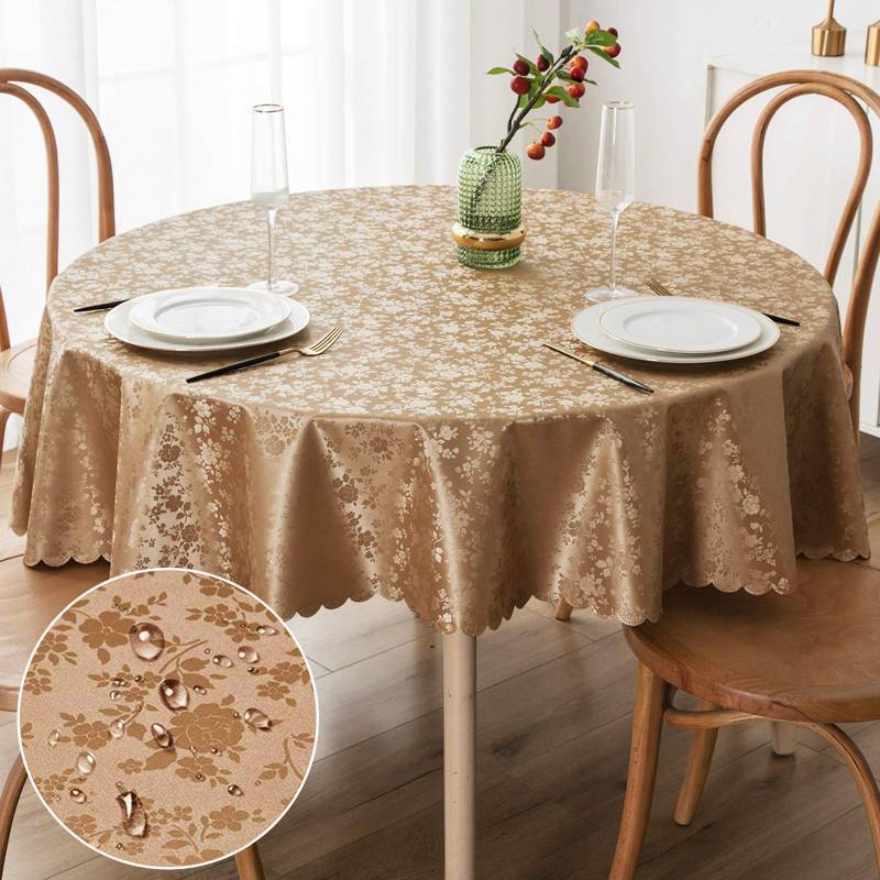 lot 51342 image: Smiry Round Table Cloth, Waterproof Heavy Duty Vinyl Tablecloths, Wipeable Washable Table Cover for Kitchen and Dining Room (Brown, 60 Round) - Retail $23
