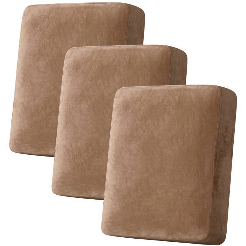 lot 59641 image: H.VERSAILTEX Velvet Stretch Couch Cushion Cover Plush Cushion Slipcover for Chair Loveseat Sofa Cushion Furniture Protector Seat Cushion Sofa Cover (3 Piece Sofa Cushion Covers, Camel) - Retail $35