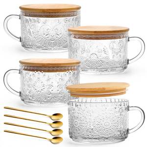 lot 7768 image: YORY 4-Pack Vintage Glass Mugs with Bamboo lids and Spoons Coffee Tea Cups Gifts for Women Overnight Oats Containers 14oz, - Retail $25