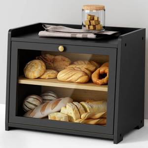 lot 7774 image: Goozii Double Layer Bread Box for Kitchen Countertop, Large Bread Storage Container for Counter Top, 2 Tier Wood Farmhouse Vintage Breadbox for Homemade Bread, Corner, Cabinet, Pantry (Black) - Retail $32