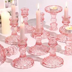 lot 44782 image: Simeitol Glass Candle Holder Set of 12, Pink Taper Candle Holders Bulk, Vintage Candlestick Holders, Candle Stick Holder for Table Centerpieces, Wedding & Mothers Day - Retail $31