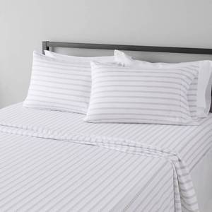 lot 44786 image: Amazon Basics Lightweight Breathable Brushed Microfiber 4-Piece Bed Sheet Set, Wrinkle Resistant with 14-Inch Deep Pockets, Queen, Taupe Stripe - Retail $16