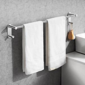 lot 44797 image: Adhesive Towel Bar - Stainless Steel Stick on Towel Rack for Bathroom, No Drilling Towel Holder with 2 Hooks, Brushed Nickel 24 inch - Retail $10