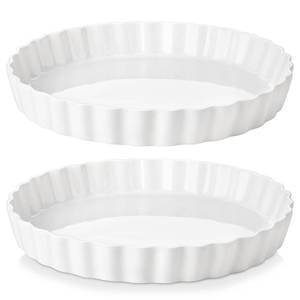 lot 50810 image: LOVECASA Porcelain Pie Pan Quiche Baking Dish,10 Inch Non-Stick Round Pie Dish Quiche Pan,Tart Pan with Ruffled Edge,Pie Plate for Apple, Quiche, Pot Pies, Tart,Set of 2, White - Retail $40