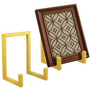 lot 50813 image: Sweetude 2 Pcs Large Plate Stands for Display Metal Frame Plate Holder Display Stand Decorative Table Top Easels for Picture, Book, Platter, Photo Easel (Gold,10 Inch) - Retail $25