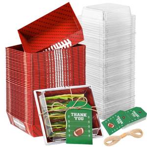 lot 50815 image: Tioncy 50 Pack Football Charcuterie Boxes with Clear Lids and Ropes Cards Football Paper Charcuterie Box Disposable Food Containers Bakery Boards Accessories for Party Supplies Cookie Snack - Retail $24