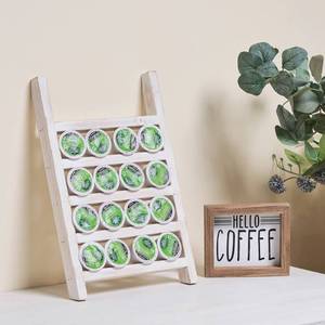 lot 50817 image: GENMOUS Wood K Cups Holder for Countertop, Farmhouse Pod Holder with Coffee Bar Decor Sign, Rustic K Cup Organizer for Home Kitchen Storage, Coffee Pod Station Organizer Accessories White - Retail $17