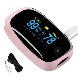 lot 58794 image: Fingertip Pulse Oximeter with Respiration Rate Monitoring, SpO2, Heart Rate, PI & RR Measurements, Blood Oxygen Rechargeable OLED Display with 6 Modes & 4-Way Rotatable Screen (Pink) - Retail $23