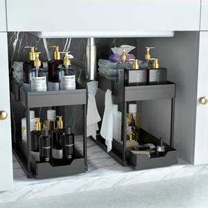 lot 58798 image: DEKAVA Under Sink Organizer 2 Pack, Bathroom Cabinet Organizer, 2 Tier Sliding Cabinet Basket Organizer Drawer, Multi-Purpose Bath Collection Baskets for Bathroom (Black) - Retail $30