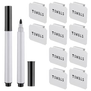lot 58802 image: 12 Pieces Basket Labels Clip on Set, Include 10 Pieces Kitchen Clip Label Holder Removable Pantry Basket Labels with 2 Pieces Black Chalk Marker for Storage Bins Organization Box (White) - Retail $8